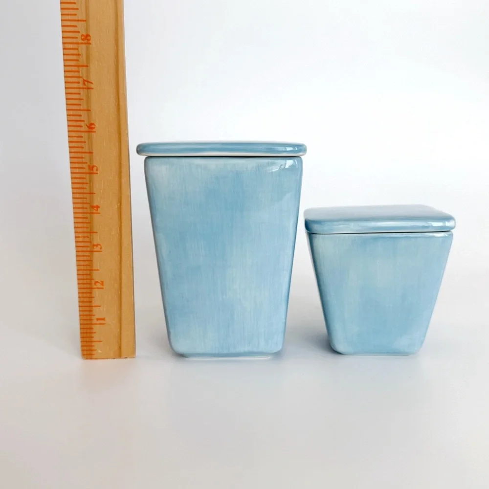 Pottery Barn Ceramic Canister Aqua Blue Vanity Jar Storage Container Set Of 2
